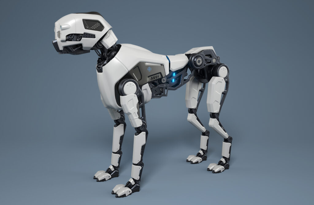 Robot dog stands on a gray background