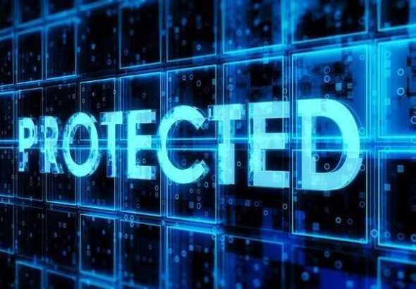 Creative dark blue cubes background with protected text hologram Technology secure bigdata and information concept 3D Rendering