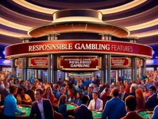 A bustling casino with signs promoting responsible gambling features, surrounded by a growing crowd of patrons