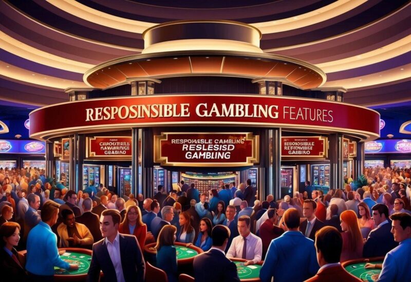 A bustling casino with signs promoting responsible gambling features, surrounded by a growing crowd of patrons