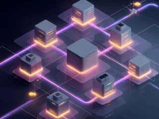 3D illustration of blockchain network with glowing interconnected data blocks