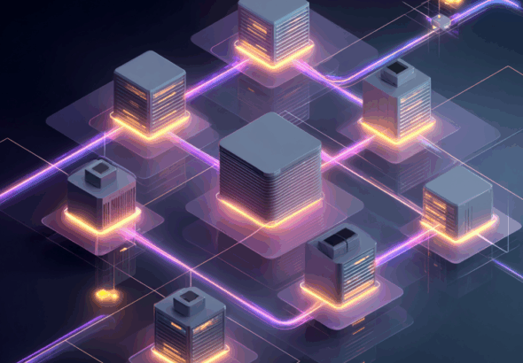 3D illustration of blockchain network with glowing interconnected data blocks