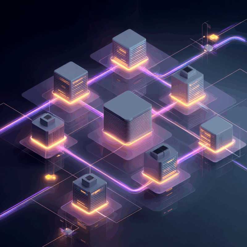 3D illustration of blockchain network with glowing interconnected data blocks